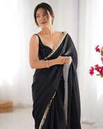 Beautiful Black Color Satin Fabric Designer Saree
