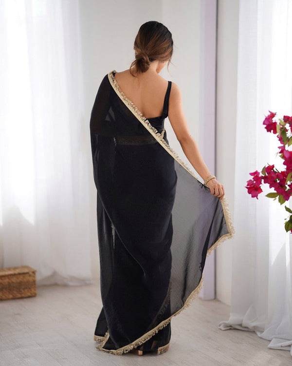 Beautiful Black Color Satin Fabric Designer Saree