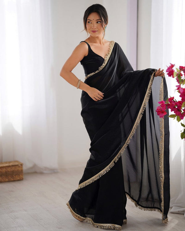 Beautiful Black Color Satin Fabric Designer Saree