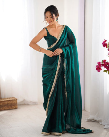 Beautiful Green Color Satin Fabric Designer Saree