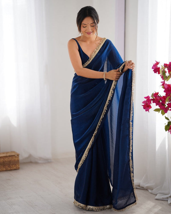 Beautiful Blue Color Satin Fabric Designer Saree