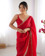Beautiful Red Color Satin Fabric Designer Saree