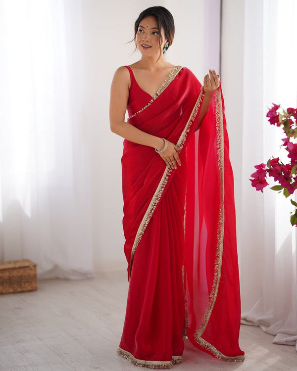 Beautiful Red Color Satin Fabric Designer Saree