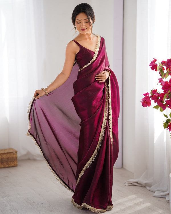 Beautiful Wine Color Satin Fabric Designer Saree