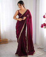 Beautiful Wine Color Satin Fabric Designer Saree