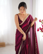 Beautiful Wine Color Satin Fabric Designer Saree