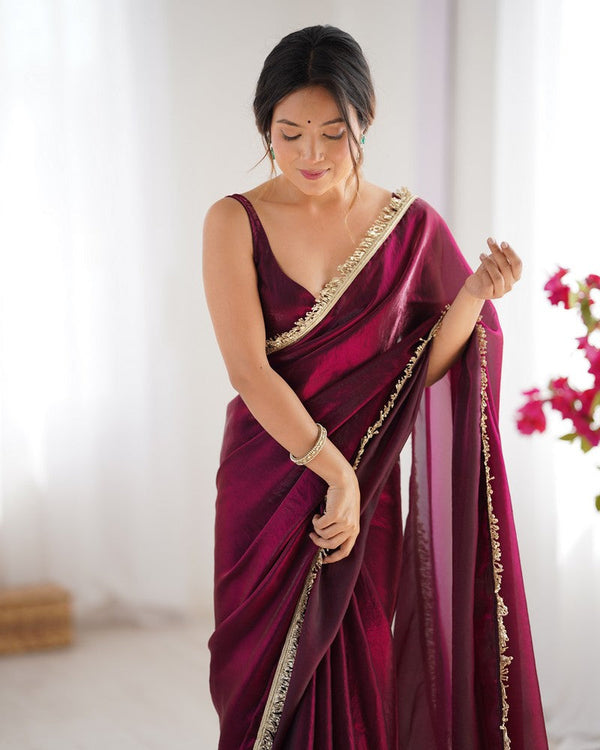Beautiful Wine Color Satin Fabric Designer Saree