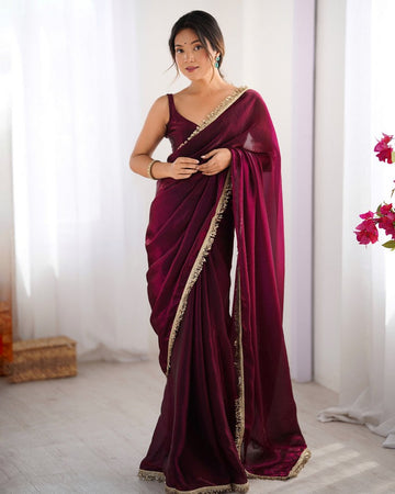 Beautiful Wine Color Satin Fabric Designer Saree