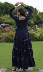Dazzling Navy Blue Color Rayon Fabric Gown