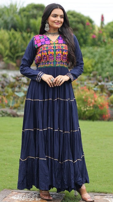 Dazzling Navy Blue Color Rayon Fabric Gown
