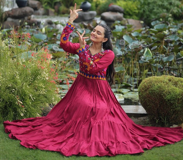 Dazzling Maroon Color Rayon Fabric Gown
