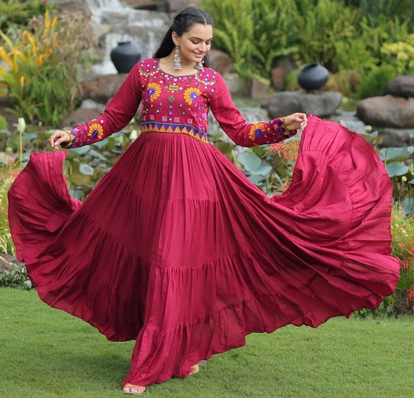 Dazzling Maroon Color Rayon Fabric Gown