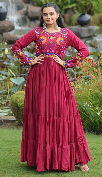 Dazzling Maroon Color Rayon Fabric Gown