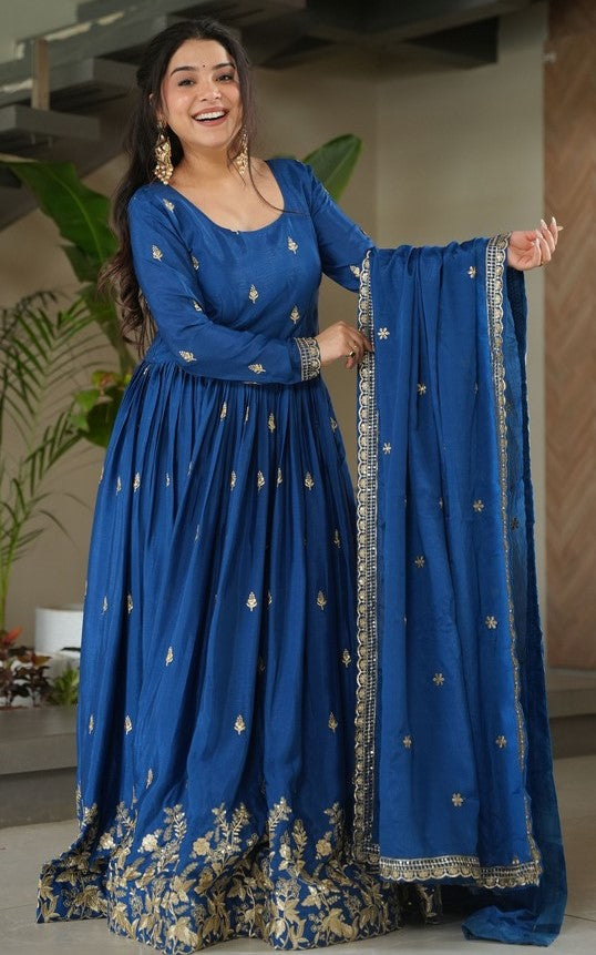 Striking Blue Color Chinon Fabric Gown