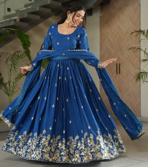 Striking Blue Color Chinon Fabric Gown