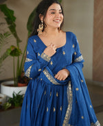 Striking Blue Color Chinon Fabric Gown