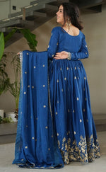 Striking Blue Color Chinon Fabric Gown
