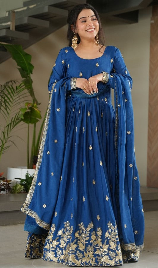 Striking Blue Color Chinon Fabric Gown