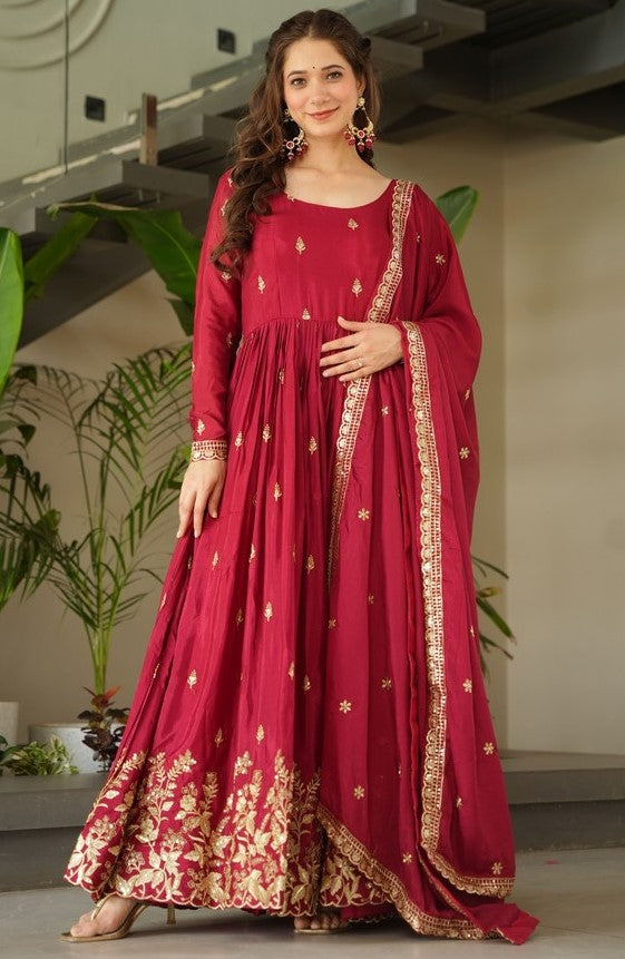 Striking Maroon Color Chinon Fabric Gown