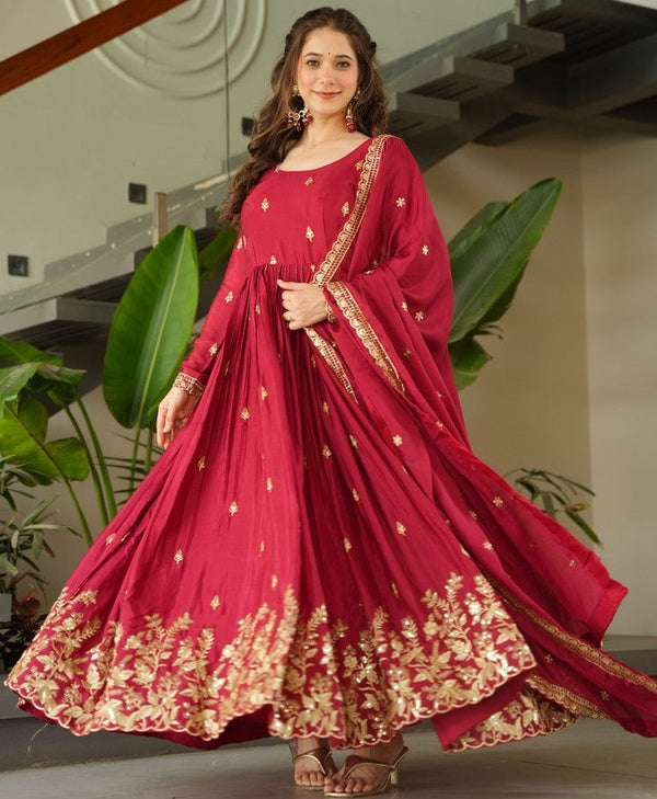 Striking Maroon Color Chinon Fabric Gown