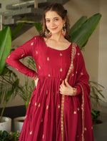 Striking Maroon Color Chinon Fabric Gown