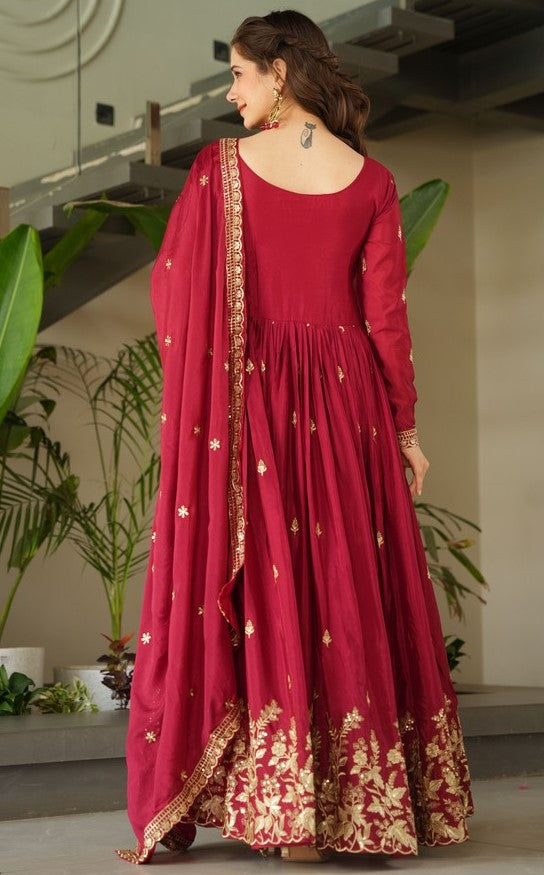 Striking Maroon Color Chinon Fabric Gown