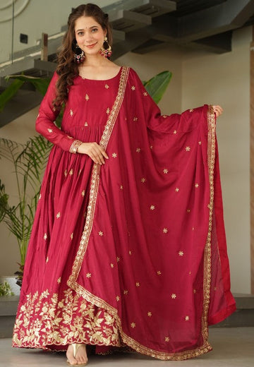 Striking Maroon Color Chinon Fabric Gown