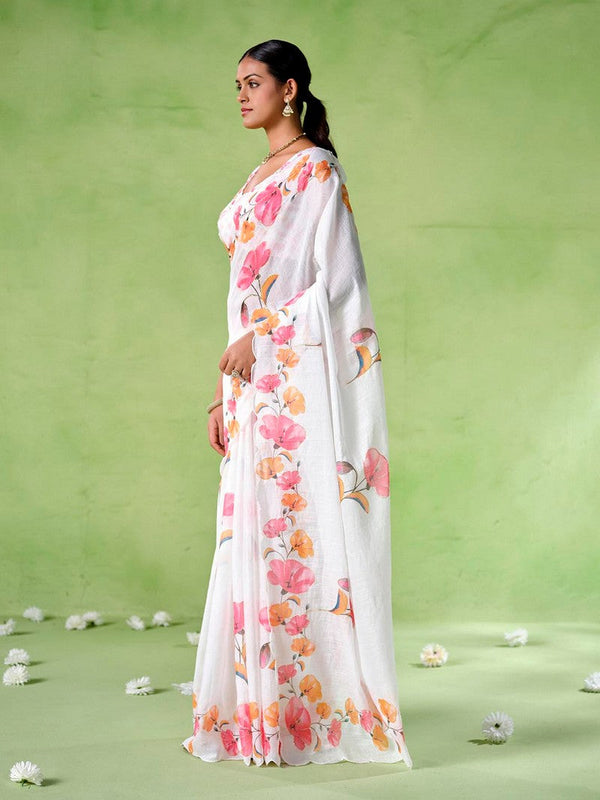 Ideal White Color Cotton Fabric Casual Saree