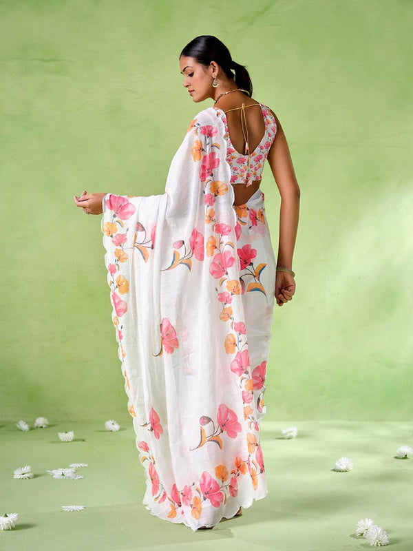 Ideal White Color Cotton Fabric Casual Saree
