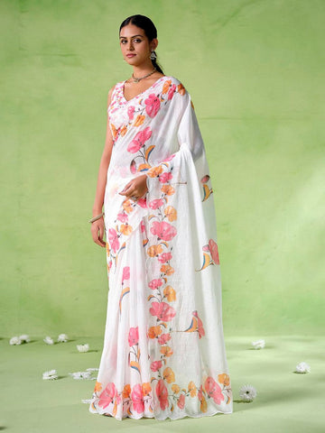 Ideal White Color Cotton Fabric Casual Saree