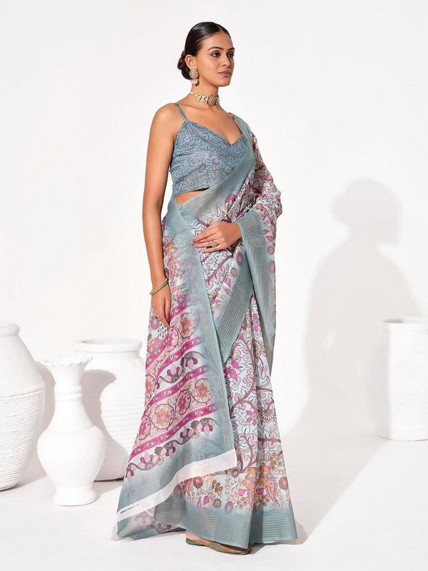 Ideal Grey Color Cotton Fabric Casual Saree