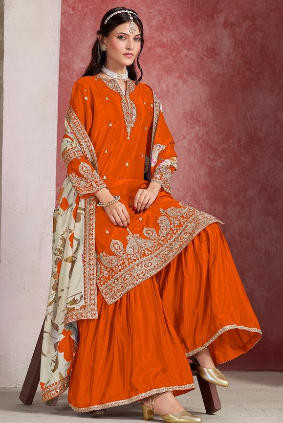 Divine Orange Color Chinon Fabric Plazzo Suit