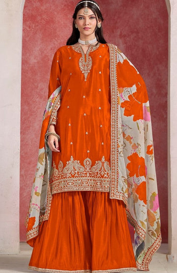 Divine Orange Color Chinon Fabric Plazzo Suit
