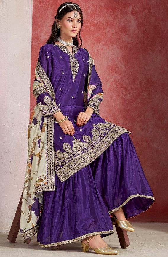 Divine Purple Color Chinon Fabric Plazzo Suit