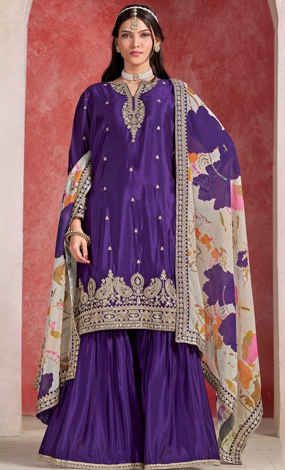 Divine Purple Color Chinon Fabric Plazzo Suit