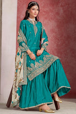 Divine Turquoise Color Chinon Fabric Plazzo Suit