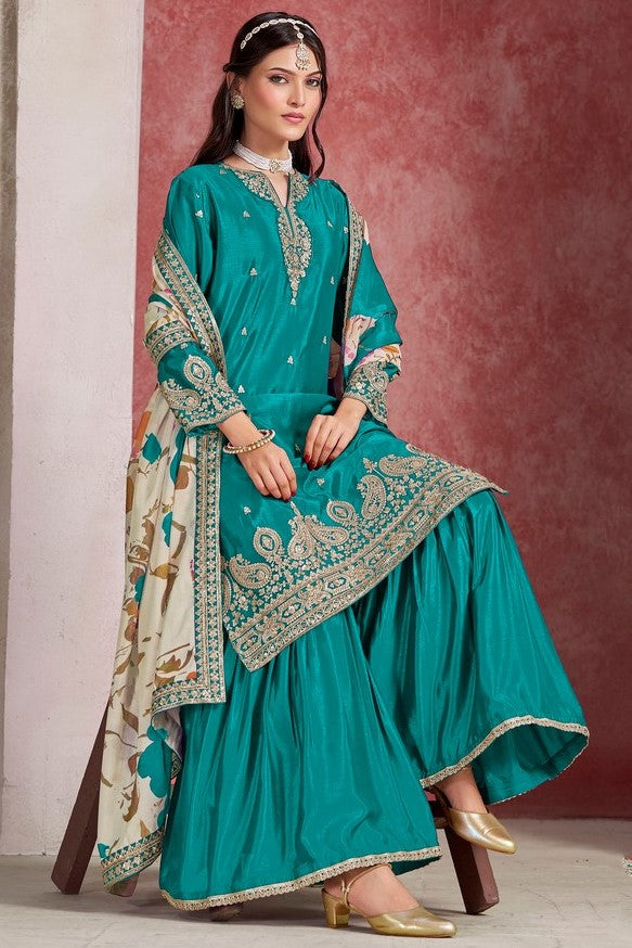 Divine Turquoise Color Chinon Fabric Plazzo Suit