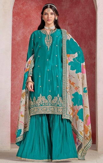 Divine Turquoise Color Chinon Fabric Plazzo Suit