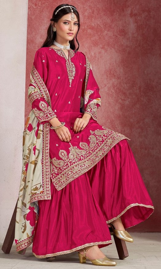 Divine Pink Color Chinon Fabric Plazzo Suit