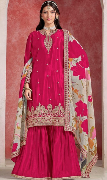 Divine Pink Color Chinon Fabric Plazzo Suit