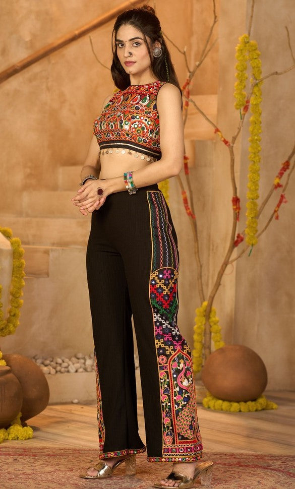 Beautiful Black Color Ribbed Fabric Top With Bottom