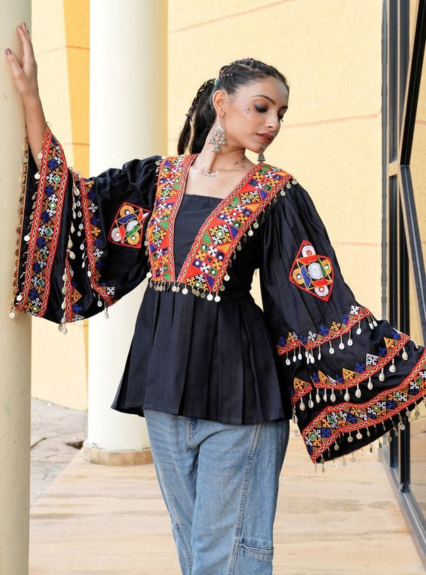 Dazzling Black Color Cotton Fabric Designer Short Kurti