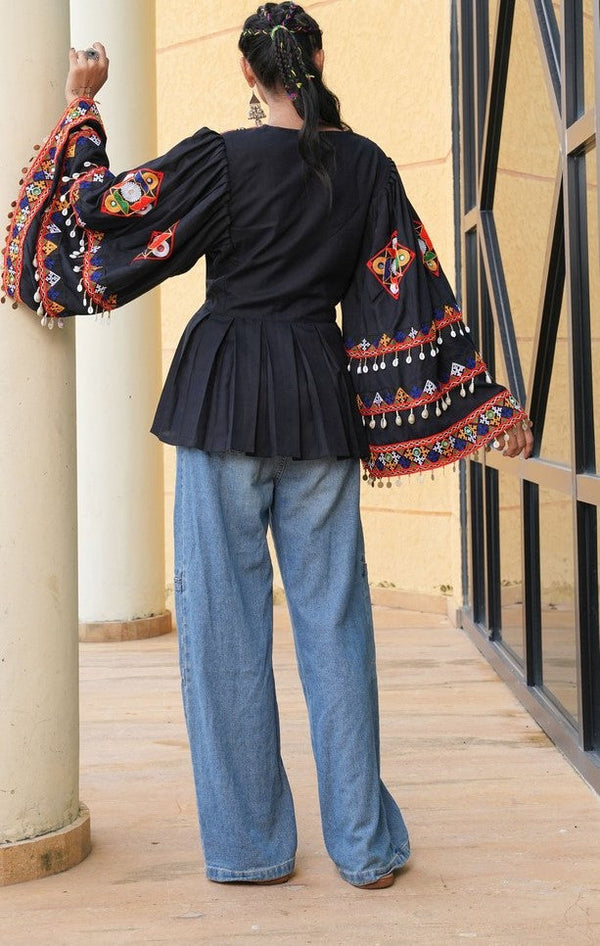 Dazzling Black Color Cotton Fabric Designer Short Kurti