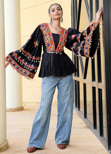 Dazzling Black Color Cotton Fabric Designer Short Kurti