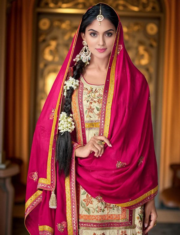 Beautiful Cream Color Chinon Fabric Plazzo Suit