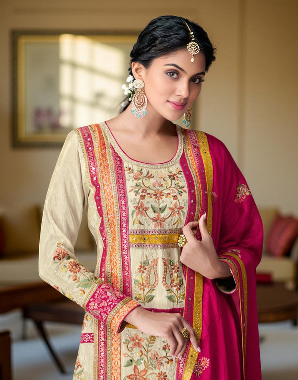 Beautiful Cream Color Chinon Fabric Plazzo Suit
