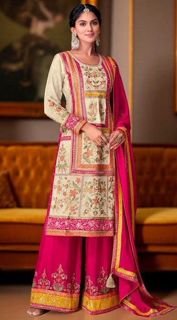 Beautiful Cream Color Chinon Fabric Plazzo Suit
