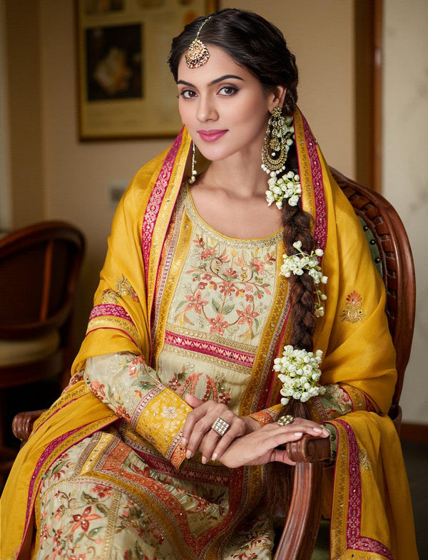 Beautiful Cream Color Chinon Fabric Plazzo Suit