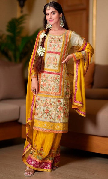 Beautiful Cream Color Chinon Fabric Plazzo Suit