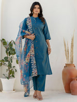 Amazing Teal Color Shimmer Fabric Designer Suit
